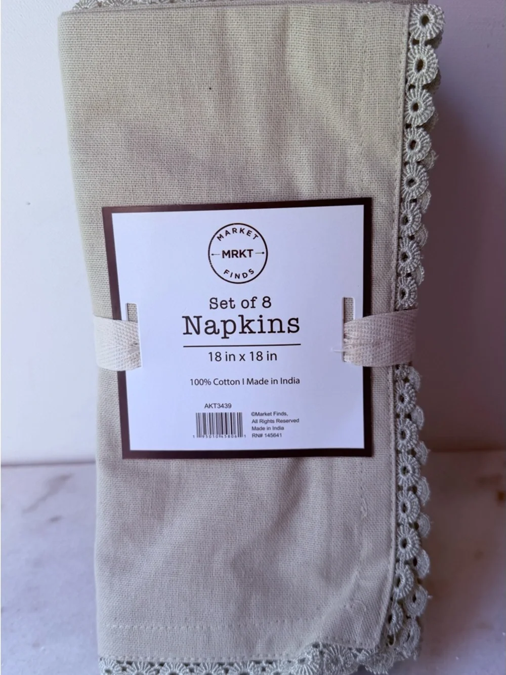 Set of 8 sage Cotton Napkins with Lace Trim
